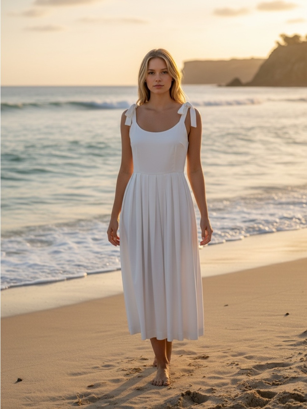 En Creme Beach Vacation Travel  White Tie-Shoulder Midi Dress Size Large NWOT